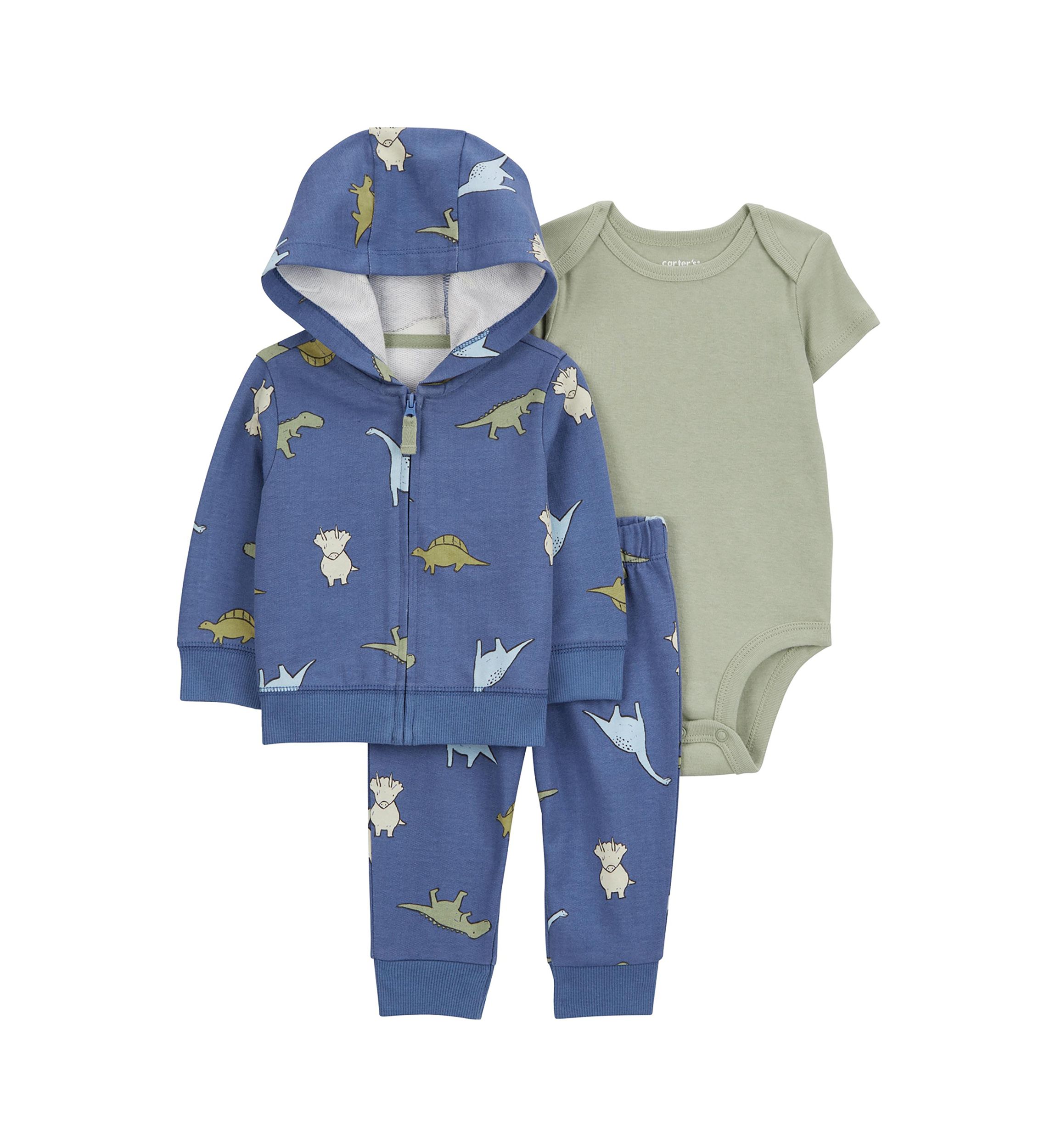 Baby Boys 3 Piece Dinosaur Printed Bodysuit and Pants Set