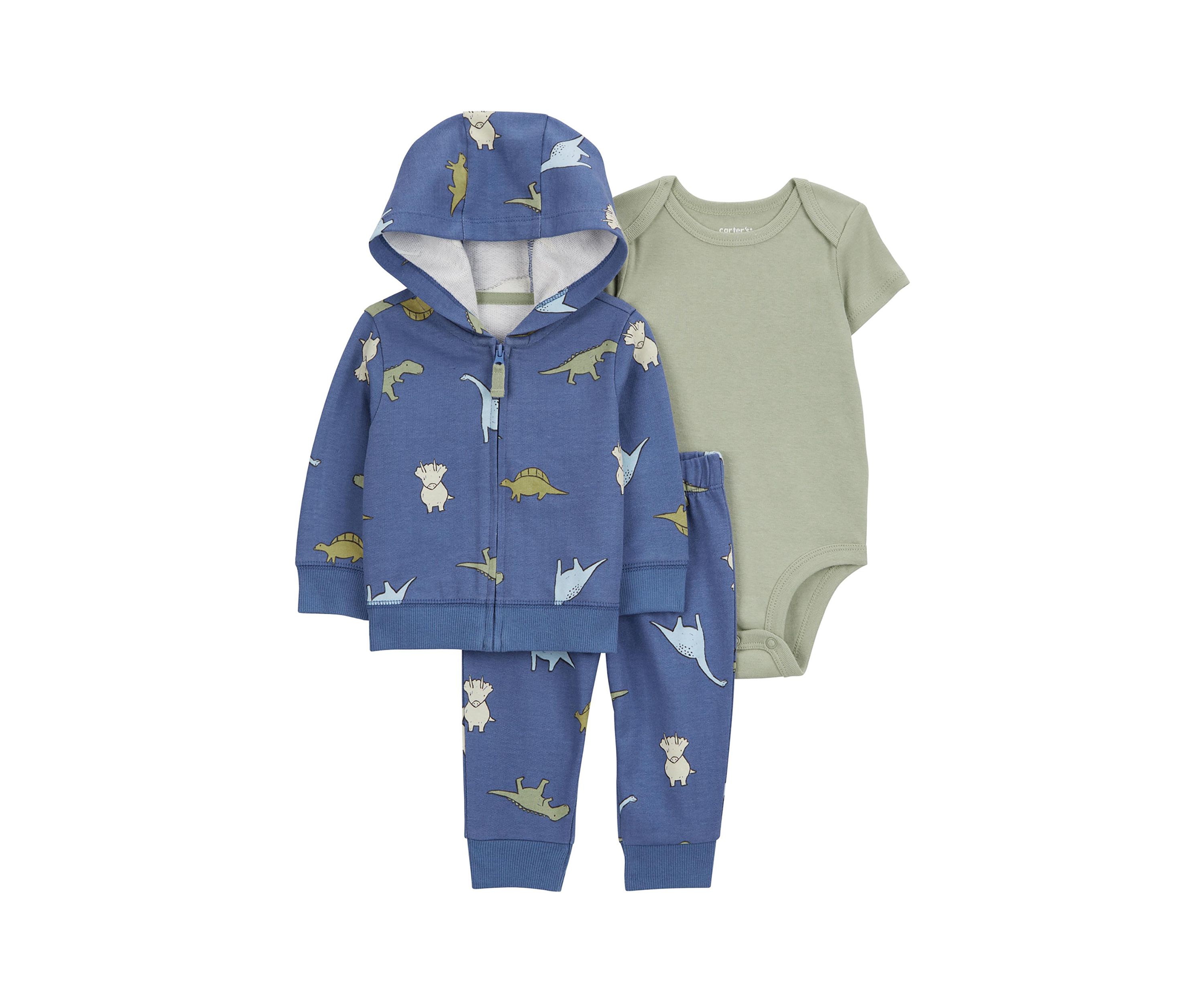 Baby Boys 3 Piece Dinosaur Printed Bodysuit and Pants Set