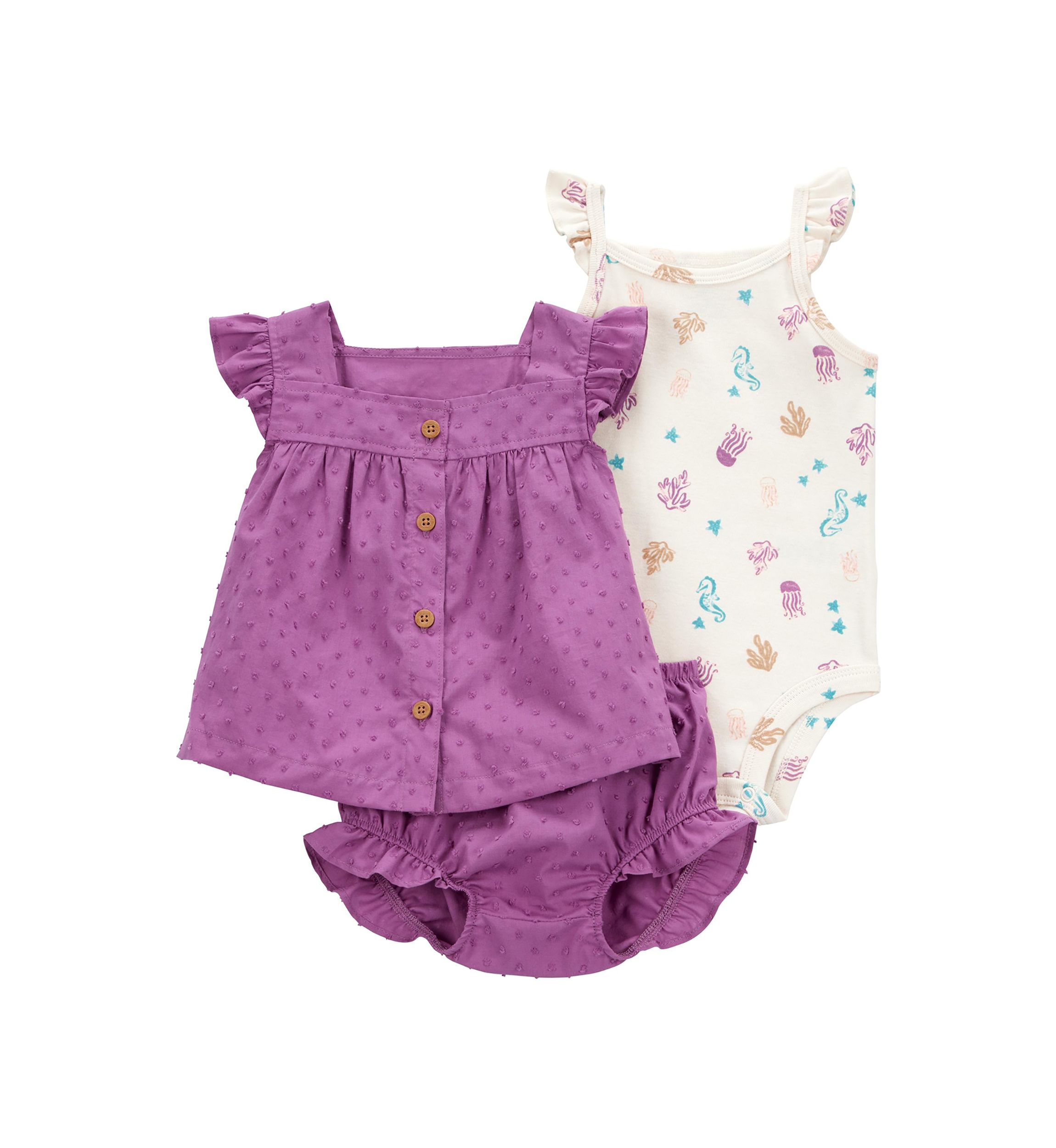 Baby Girls Three Piece Bodysuit and Diaper Cover Set
