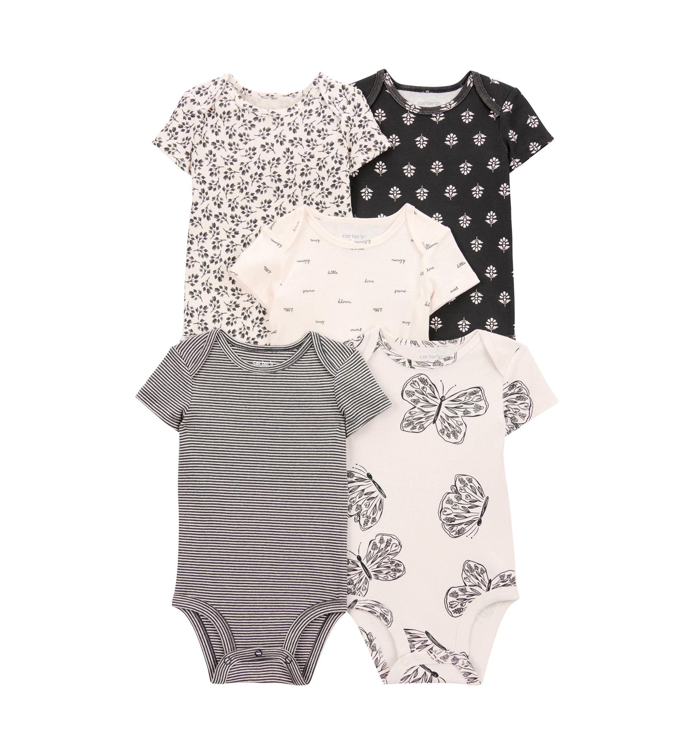 Baby Girls Short Sleeve Printed Bodysuits - 5 Pack