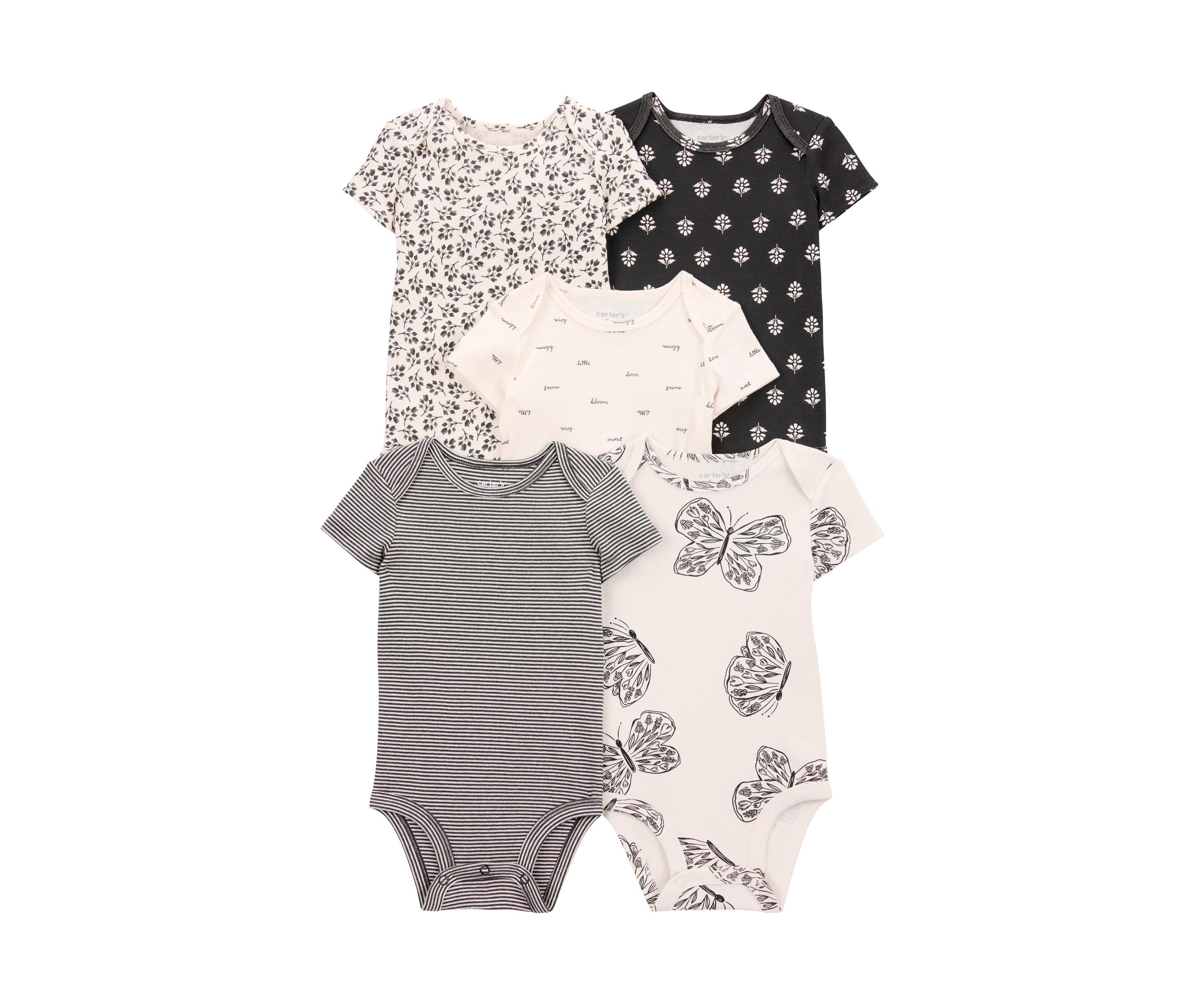Baby Girls Short Sleeve Printed Bodysuits - 5 Pack