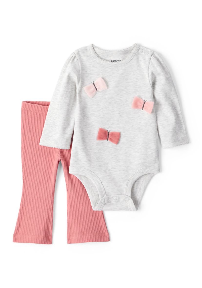 Baby Girls Bow Appliqué Bodysuit and Flare Pants Set
