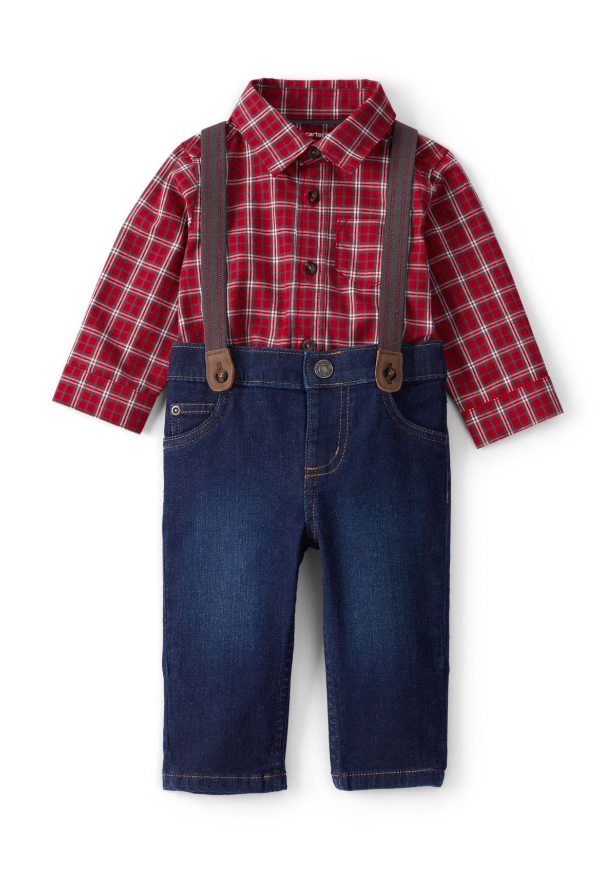 Baby Boys Plaid Shirt and Suspenders Pants Set