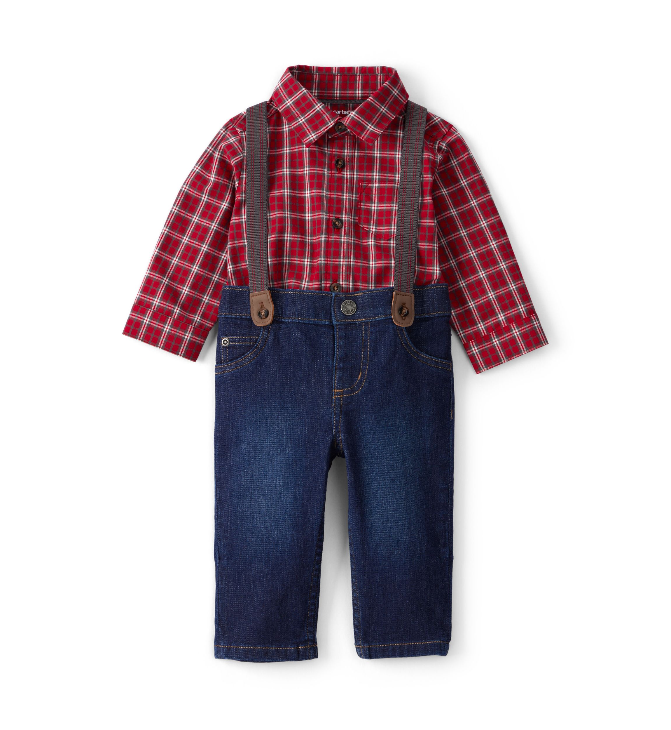 Baby Boys Plaid Shirt and Suspenders Pants Set