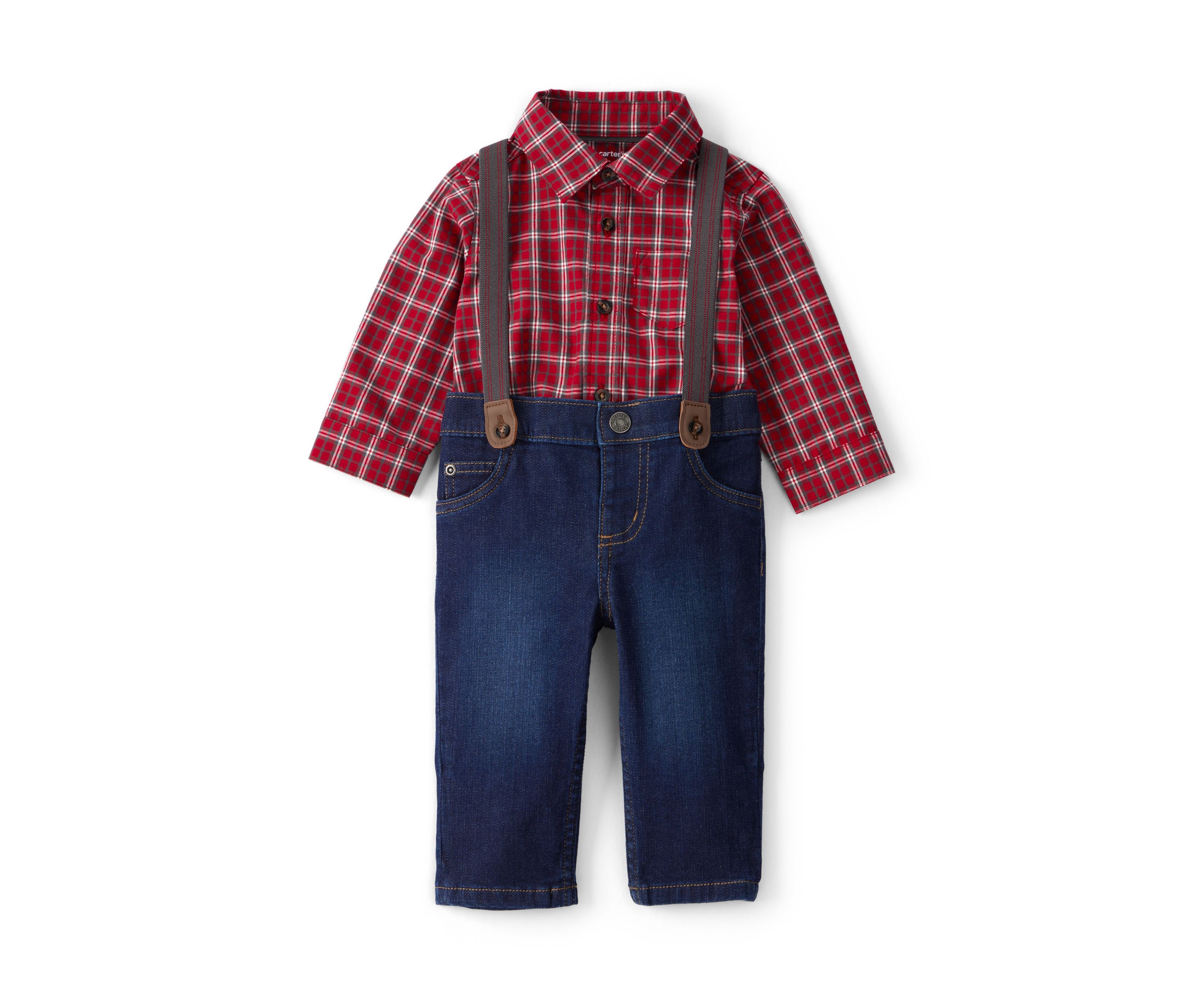 Baby Boys Plaid Shirt and Suspenders Pants Set