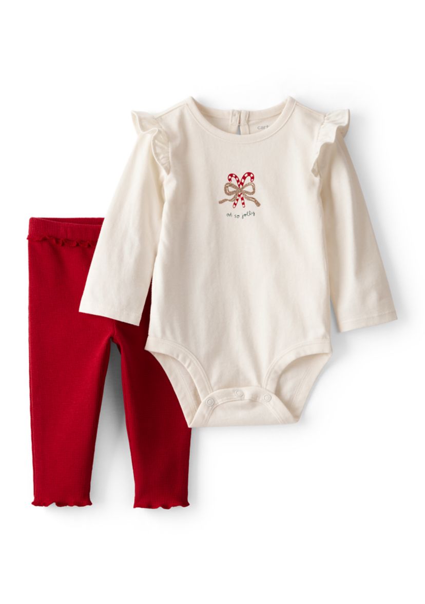 Baby Girls Candy Cane Ruffle Bodysuit and Pants Set