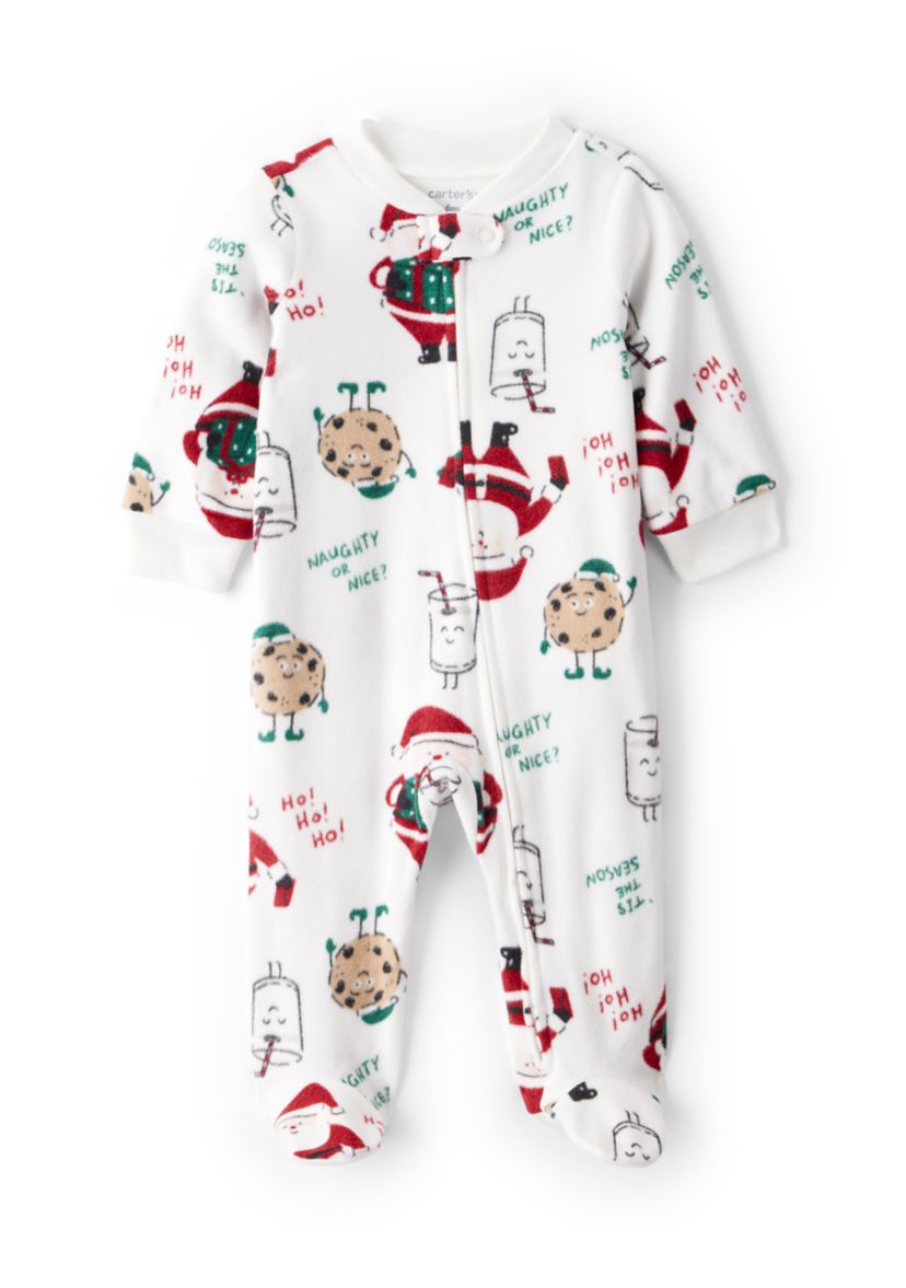Baby Girls Santa Printed Loose Fit Fleece Footie Pajamas