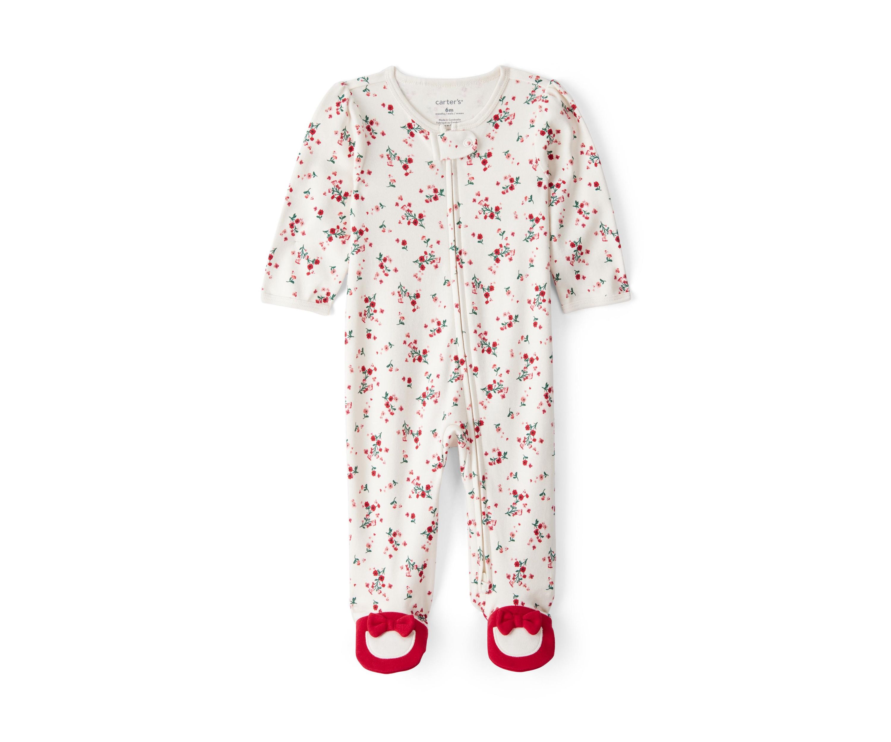 Baby Girls Bow Floral Printed Footie Pajamas