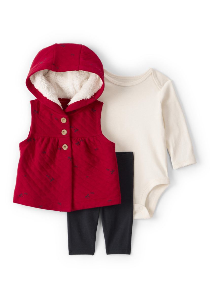 Baby Girls Three Piece Bow Printed Sleeveless Jacket Set