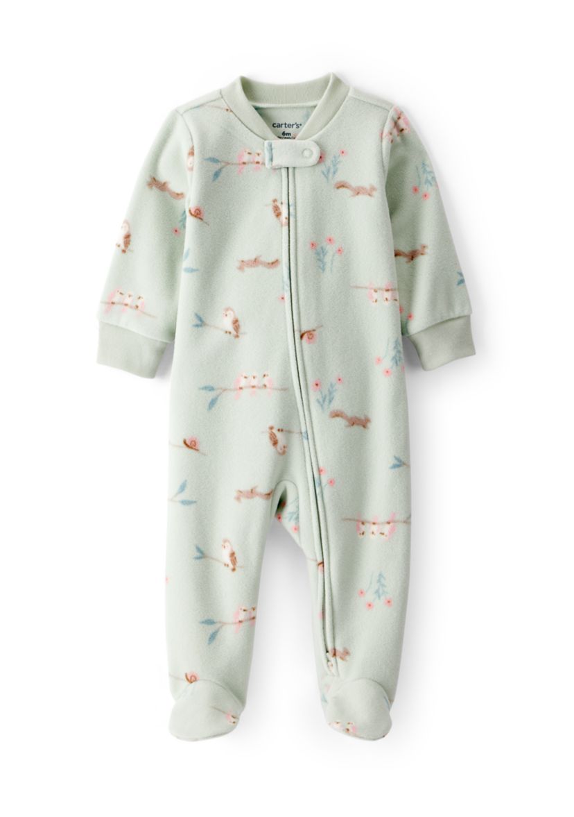 Baby Girls Microfleece Animal Printed Zip Footie Pajamas