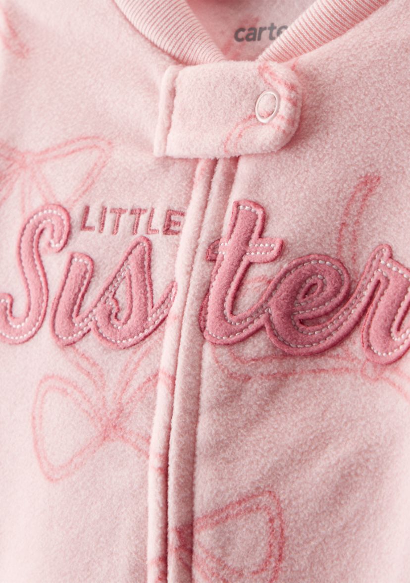 Baby Girls Microfleece Bow Printed Sister Zip Footie Pajamas