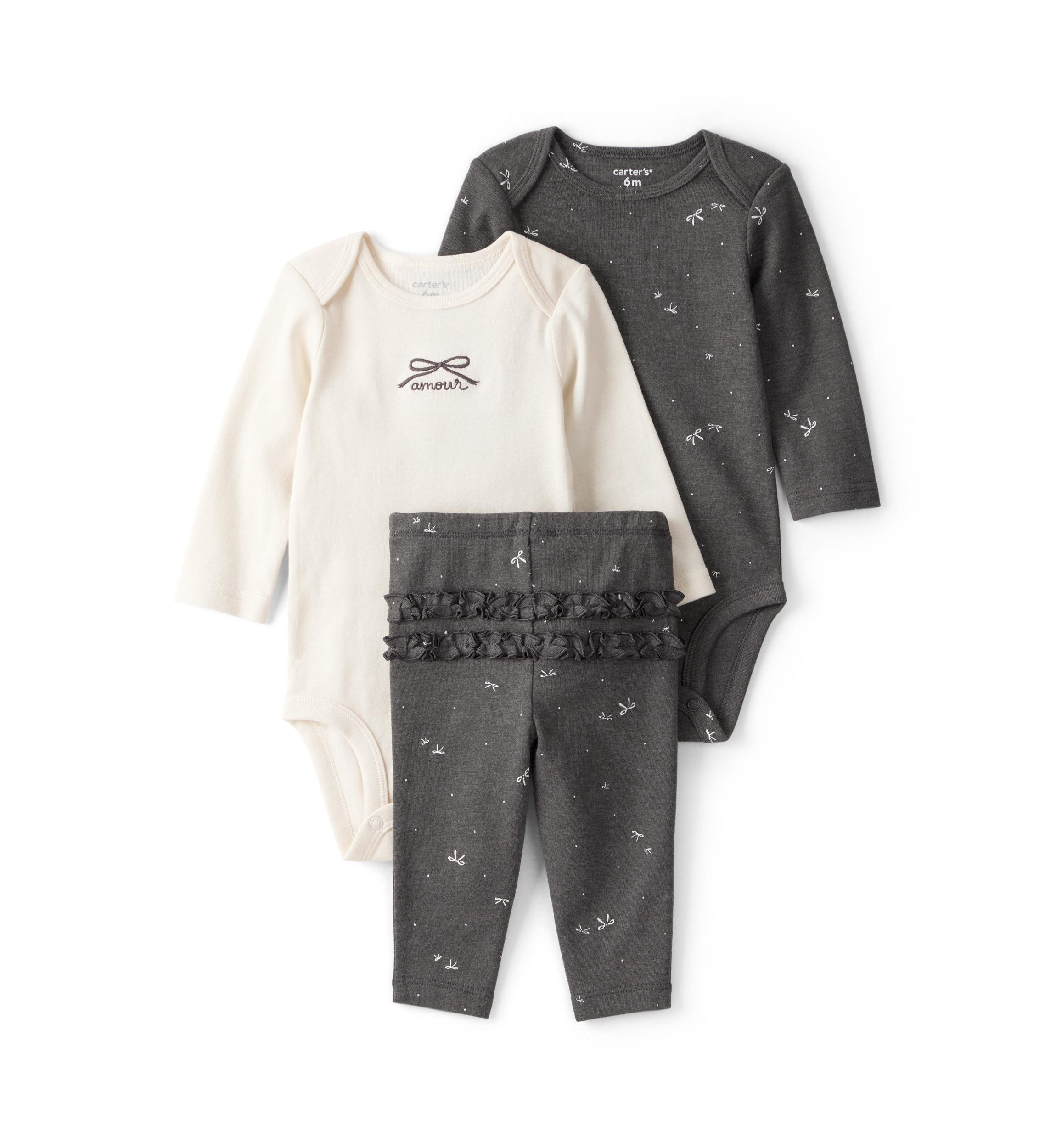 Baby Girls Three Piece Bodysuit and Ruffle Pants Set