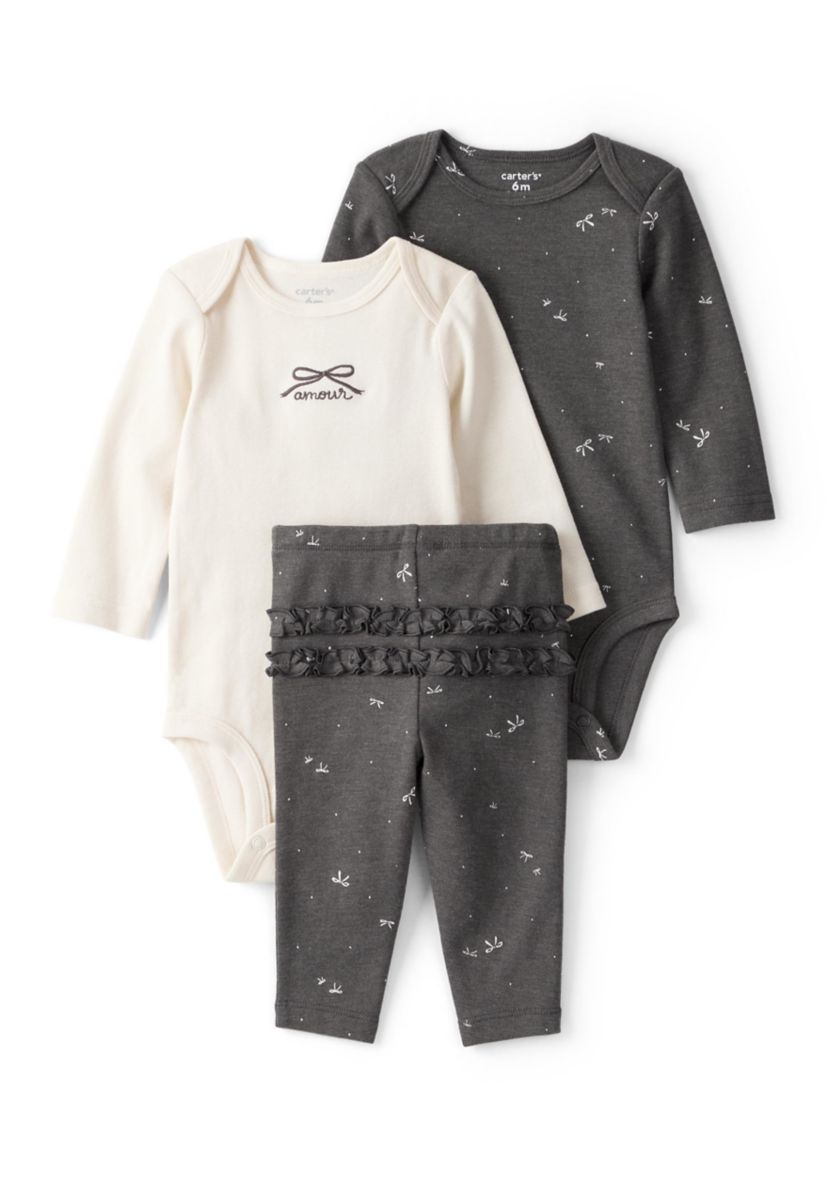 Baby Girls Three Piece Bodysuit and Ruffle Pants Set