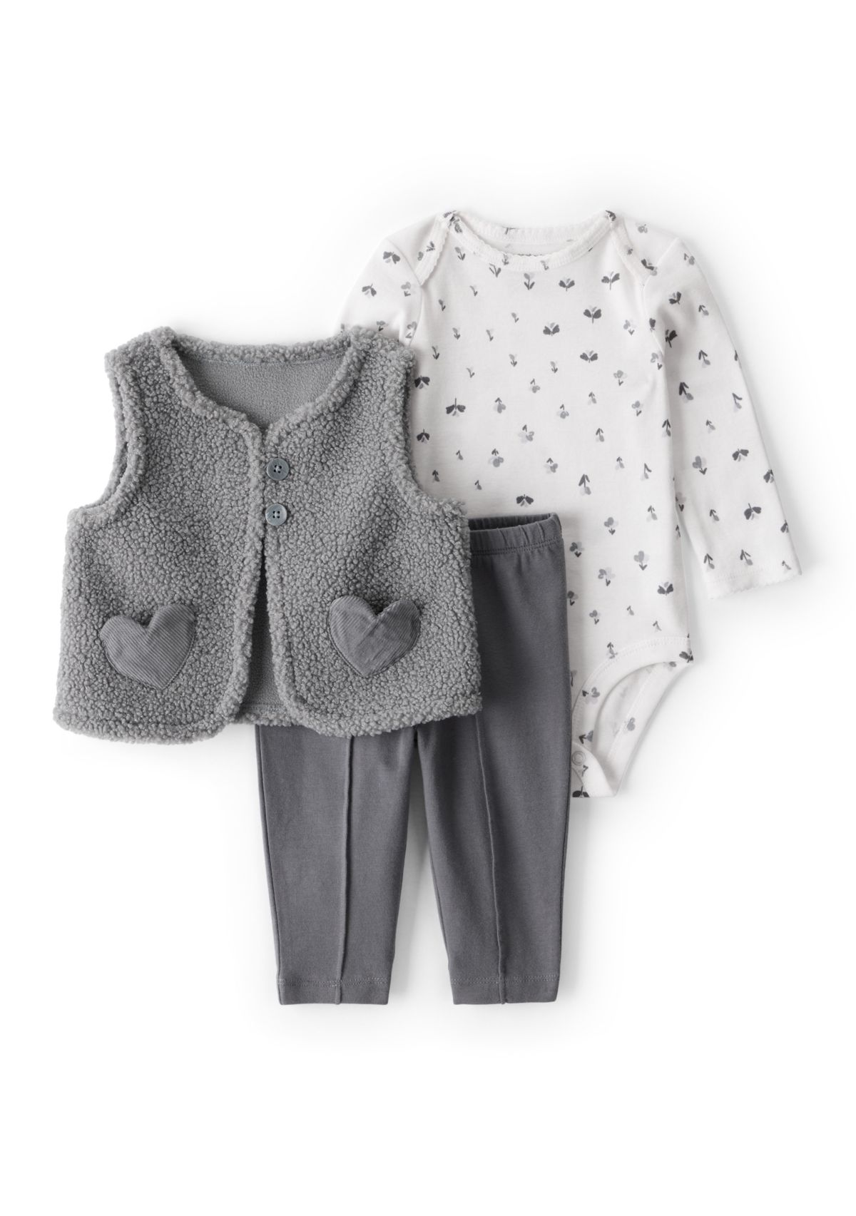 This 3-piece set does the layering for you-no styling degree required. With a soft cotton bodysuit, cozy boucle vest, and easy pull-on pants, it’s built for everyday adventures and spontaneous photo ops. The heart pockets on the vest dial up the charm without trying too hard, while the sweet floral print adds a soft pop under all that cozy grey. One outfit, lots of ways to wear.