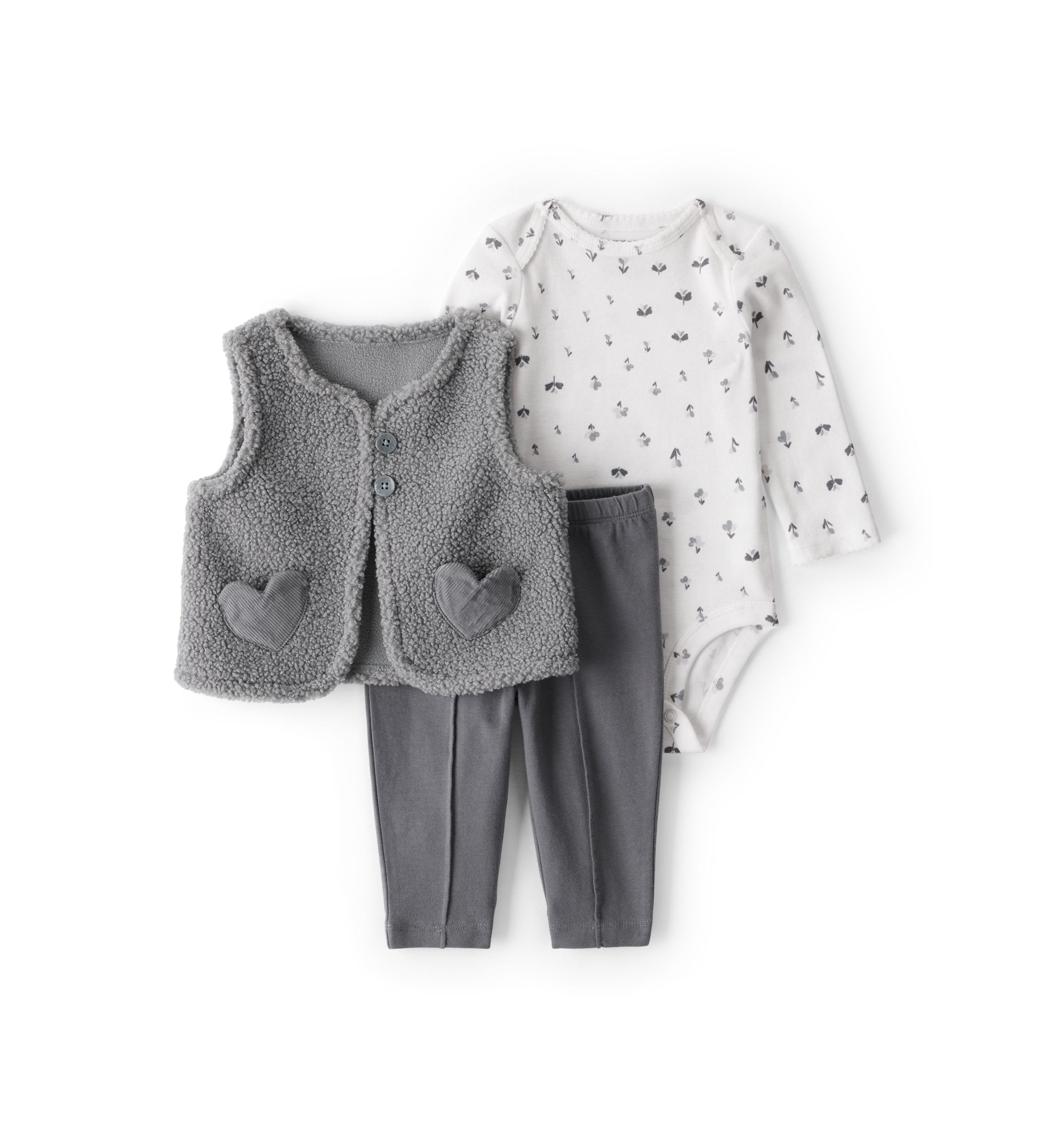 This 3-piece set does the layering for you-no styling degree required. With a soft cotton bodysuit, cozy boucle vest, and easy pull-on pants, it’s built for everyday adventures and spontaneous photo ops. The heart pockets on the vest dial up the charm without trying too hard, while the sweet floral print adds a soft pop under all that cozy grey. One outfit, lots of ways to wear.