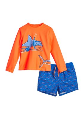 Toddler Boys Shark Rashguard Swim Shirt and Shorts Set
