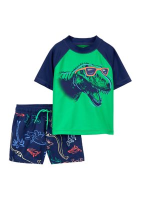 Toddler Boys Dinosaur Rashguard Swim Shirt and Shorts Set