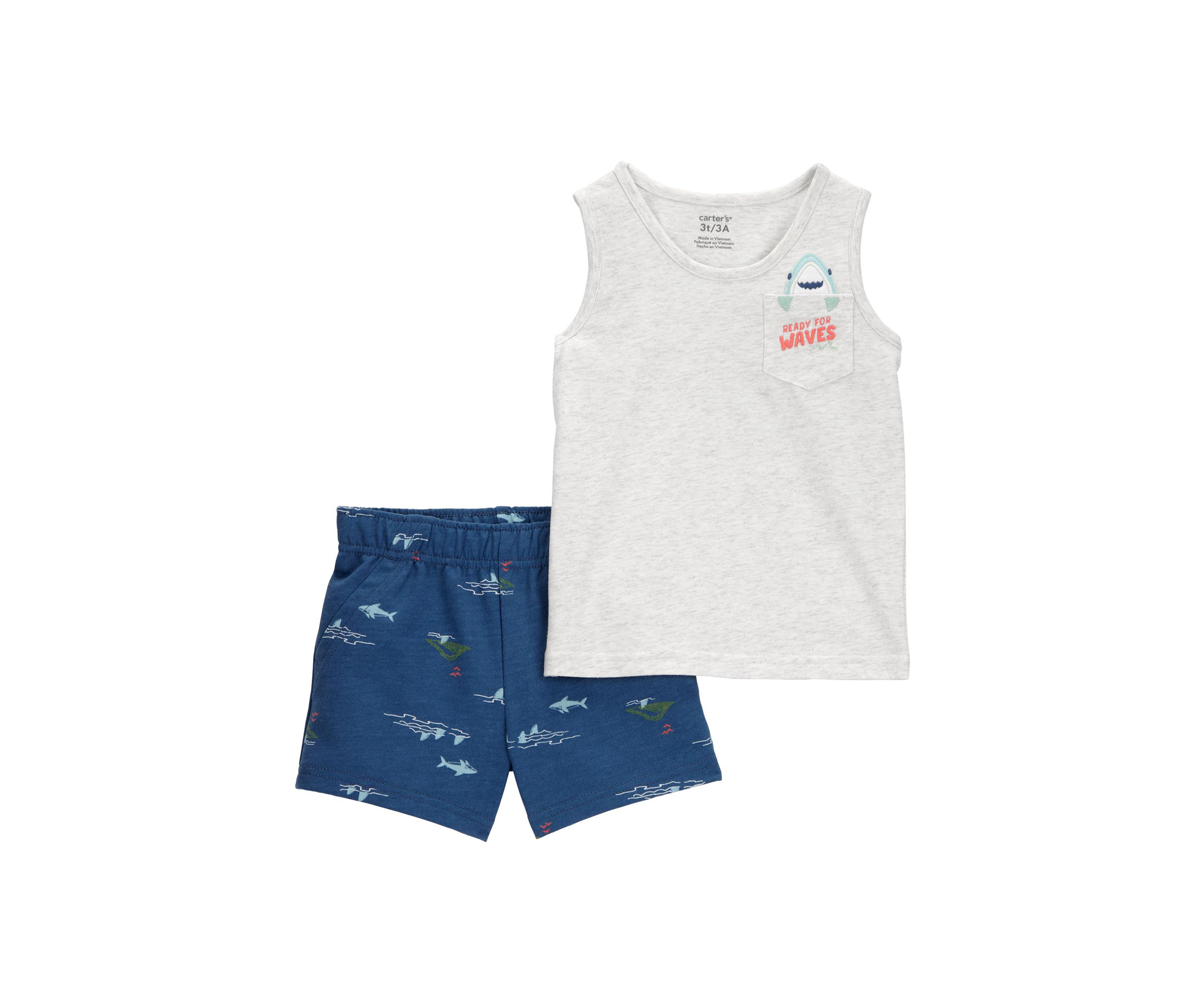 Toddler Boys Shark Pocket Shirt and Printed Shorts Set