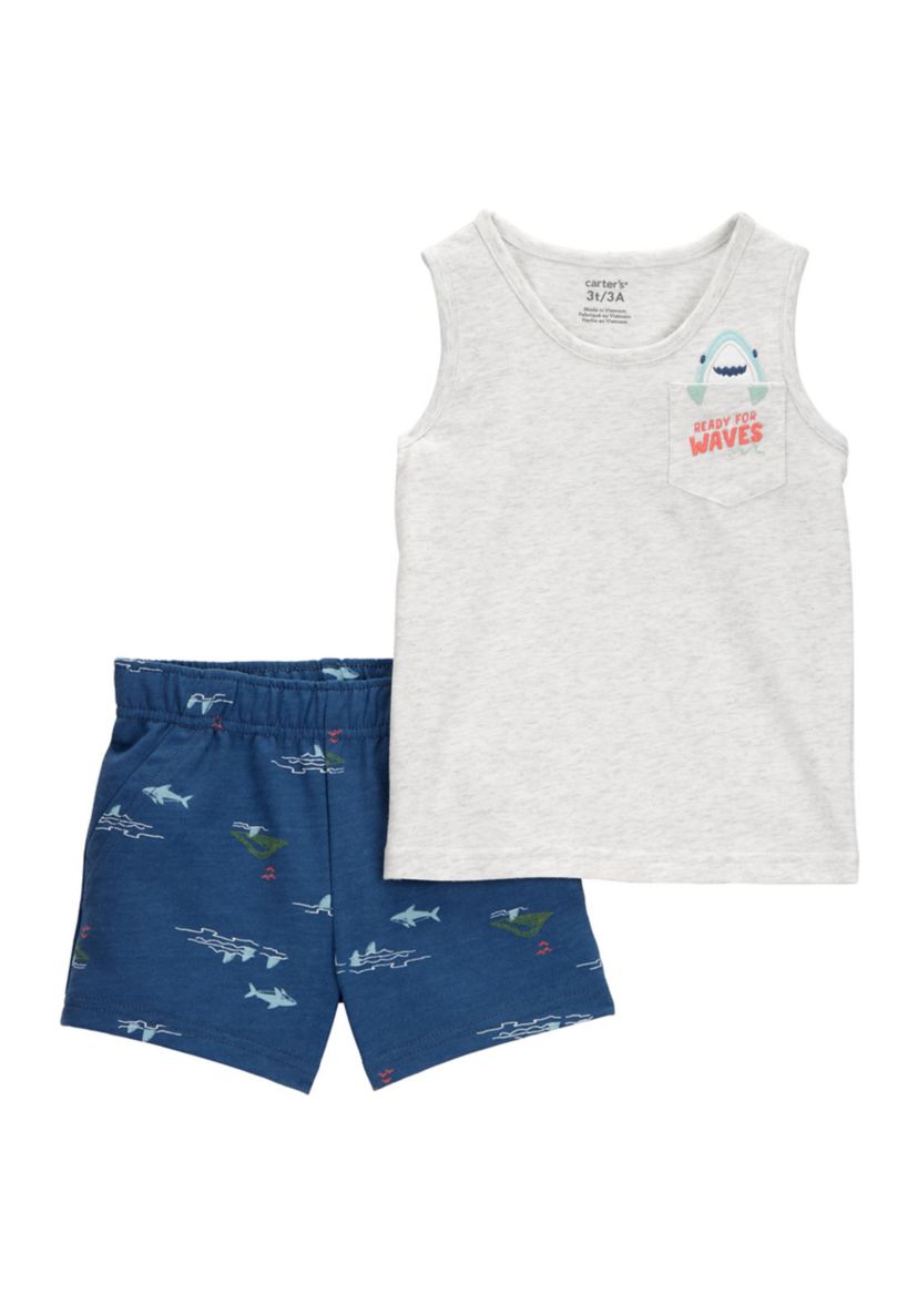 Toddler Boys Shark Pocket Shirt and Printed Shorts Set