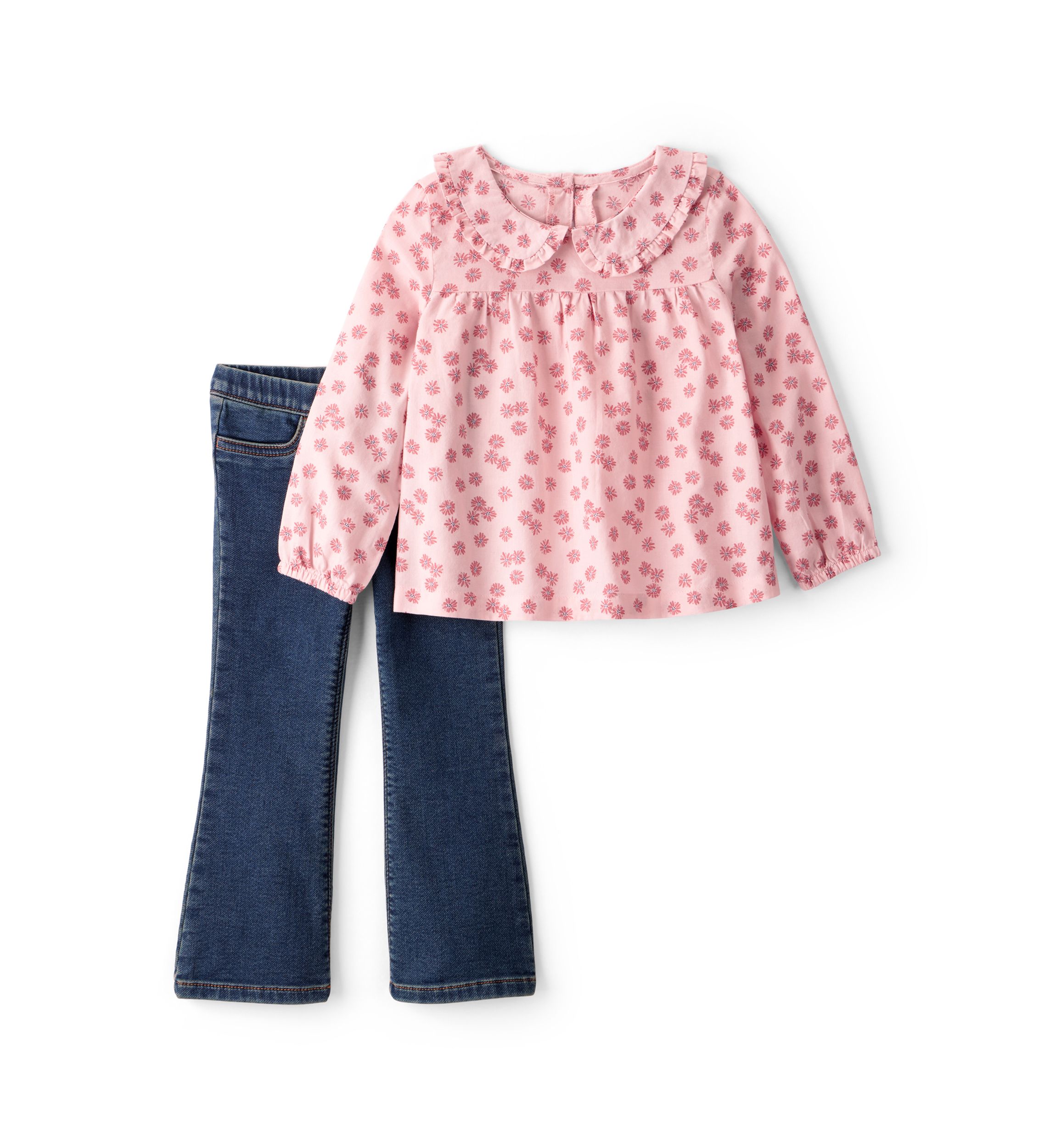 Toddler Girls Long Sleeve Floral Top and Denim Pants Set