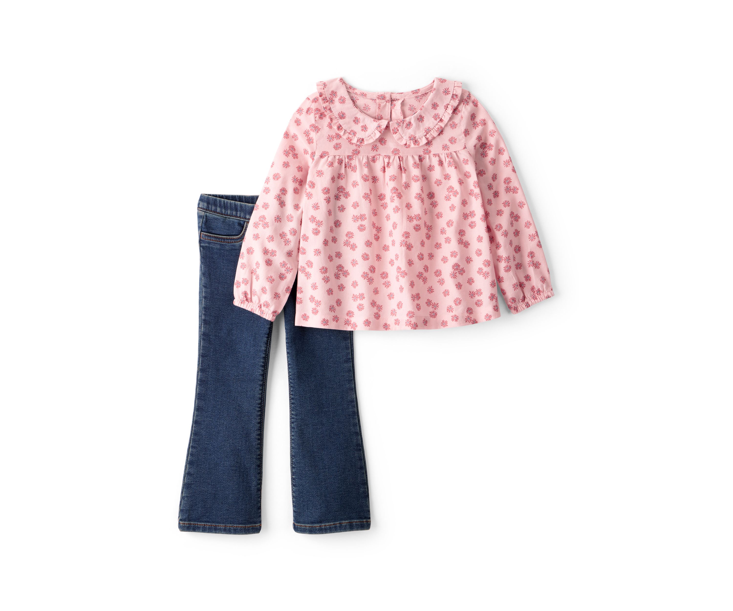 Toddler Girls Long Sleeve Floral Top and Denim Pants Set