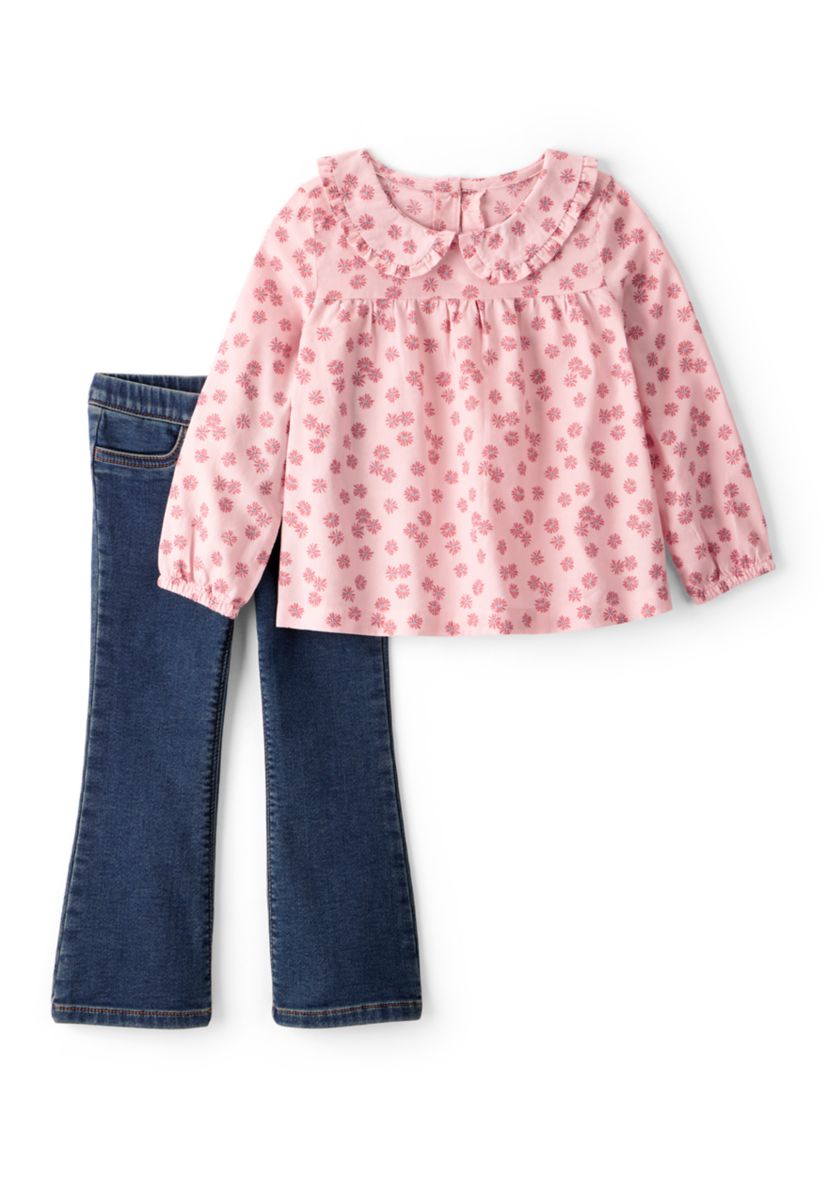 Toddler Girls Long Sleeve Floral Top and Denim Pants Set