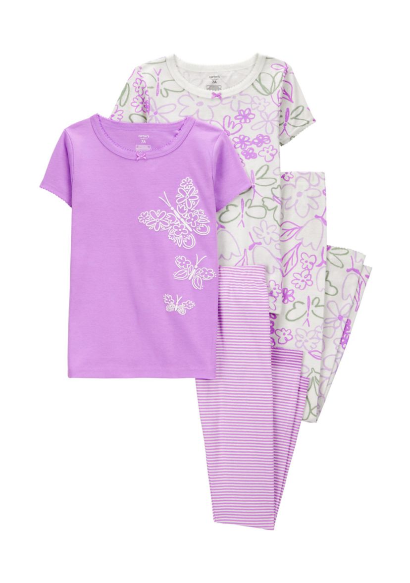Girls 5-10 Butterfly Printed 4 Piece Pajama Set