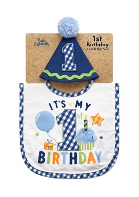 Baby Essentials Baby Boys First Birthday Bib and Party Hat Set, Blue