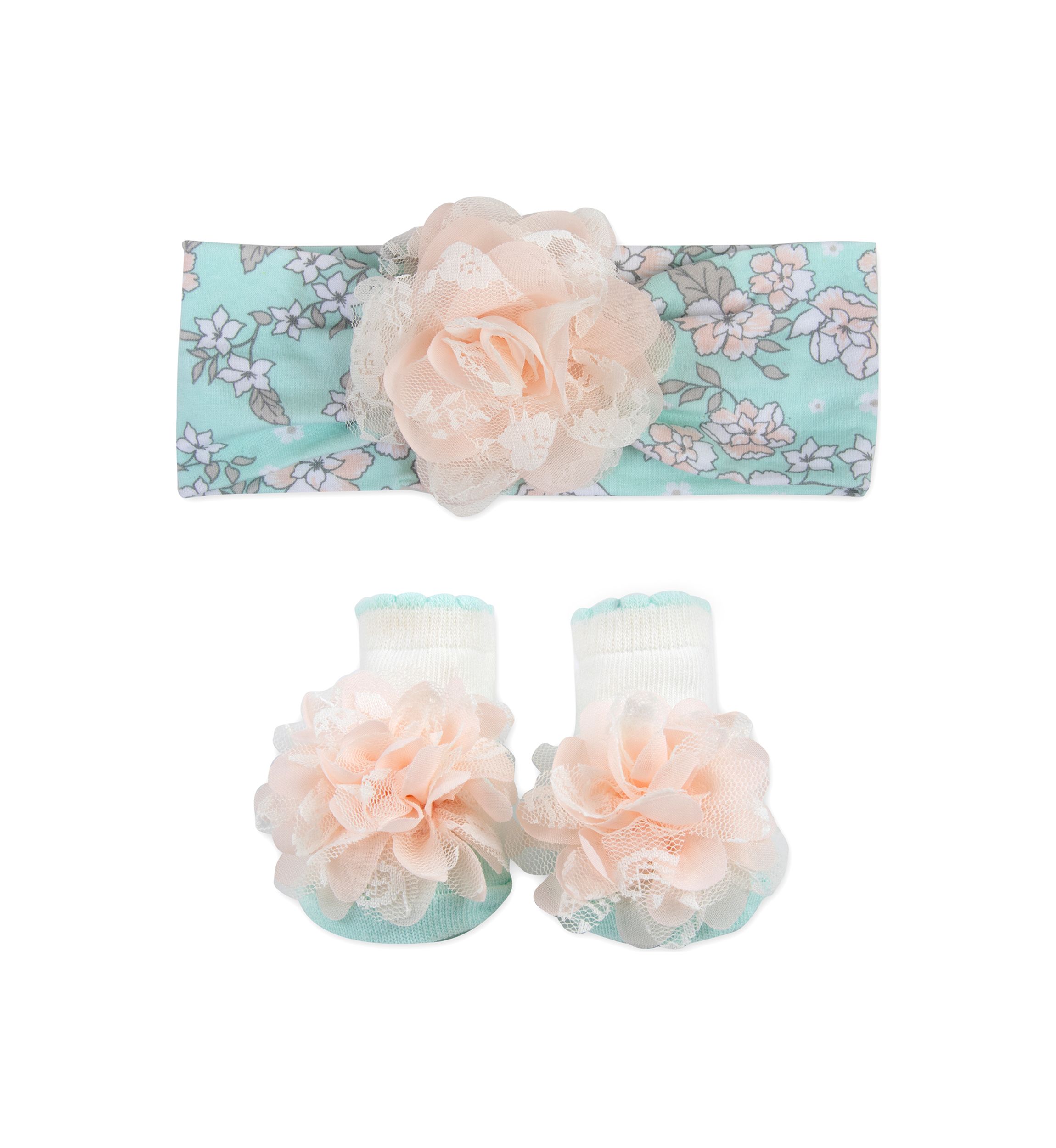 Baby Girls Pink Green Floral Bow and Socks Set