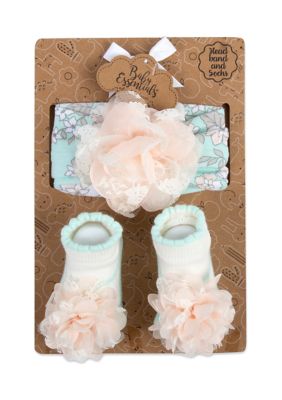 Baby Girls Pink Green Floral Bow and Socks Set