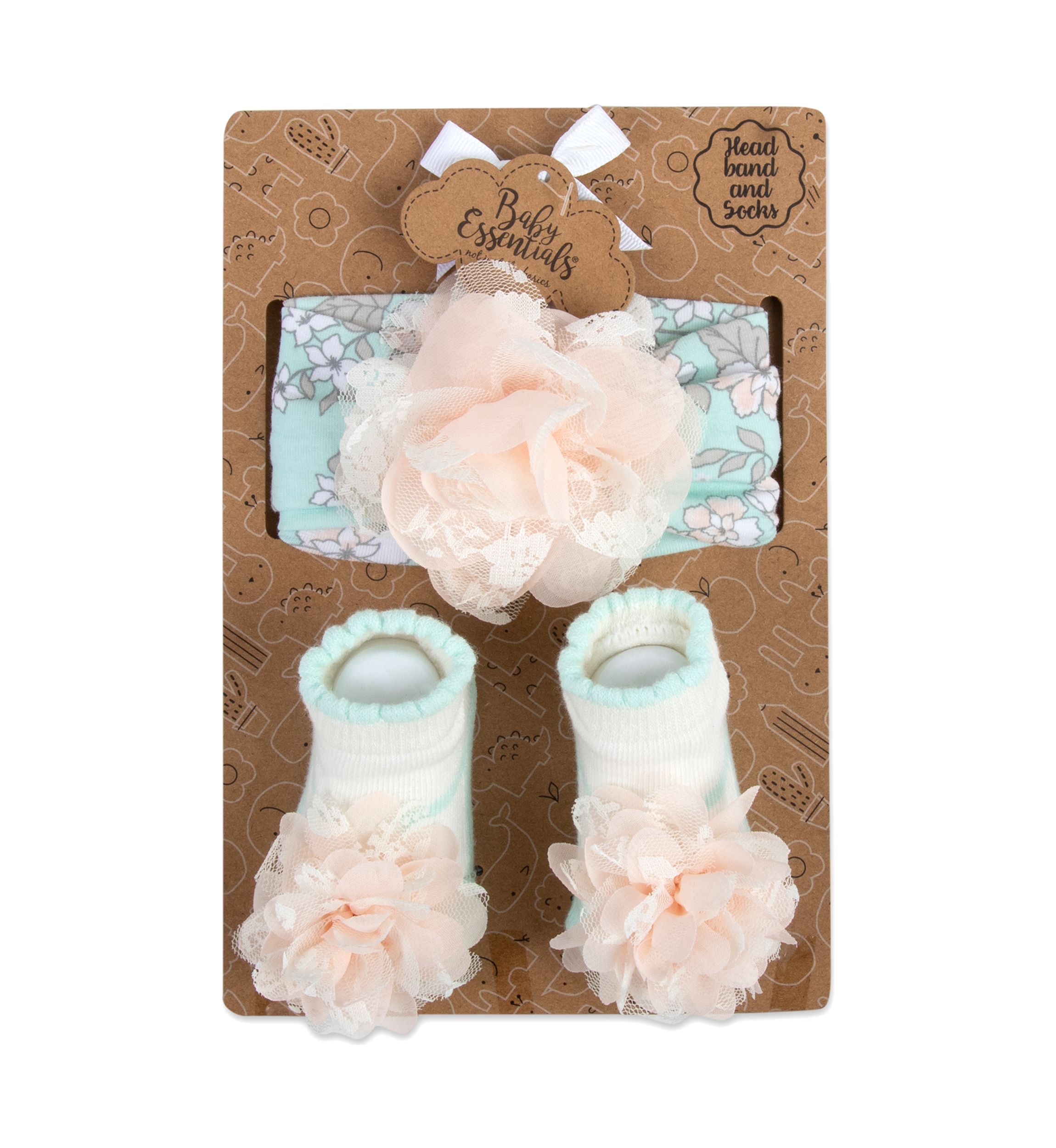 Baby Girls Pink Green Floral Bow and Socks Set