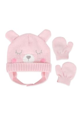 Baby Girls Pink Bear Hat and Mittens Set