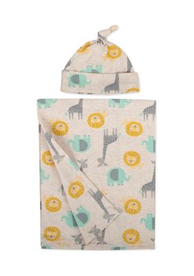 Baby Boys Zoo Animal Printed Swaddle with Cap
