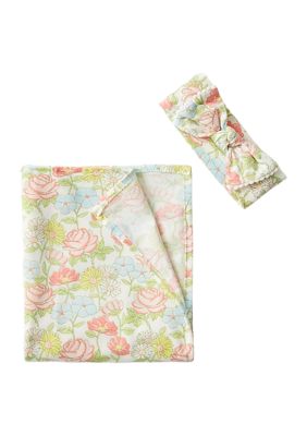 Baby Girls Ditzy Floral Printed Swaddle with Bow Headwrap