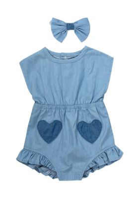 Baby Essentials Baby Girls Chambray Heart Romper, Blue, 3 Months