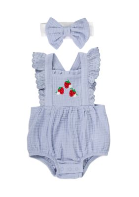 Baby Essentials Baby Girls Strawberry Romper, Blue, 6 Months
