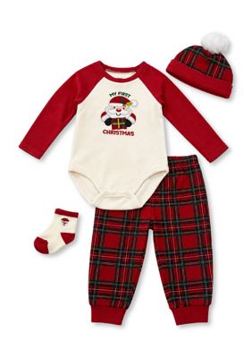 Baby Essentials Kids Baby Plaid Santa 4-Piece Set, White, 3 Months