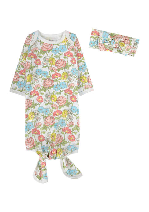 Baby Girls Floral Gown Set with Matching Headband 