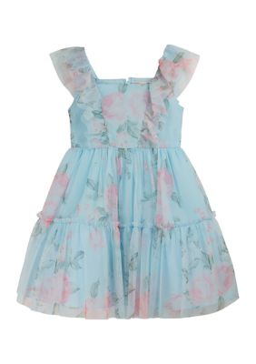 Rare Editions Toddler Girls Floral Printed Mesh Dress, Light Blue, 2T