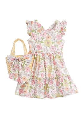 Toddler Girls Floral Woven Flutter Sleeve Dress with Bag