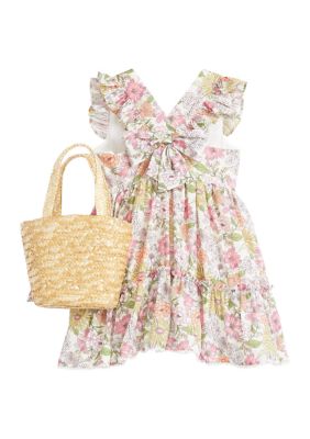 Toddler Girls Floral Woven Flutter Sleeve Dress with Bag