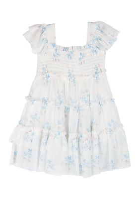 Toddler Girls Blue Floral Power Mesh Tiered Dress