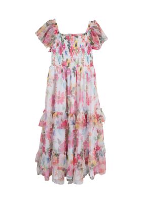 Rare Editions Toddler Girls Floral Mesh Smocked Bodice Dress, Pink, 2T