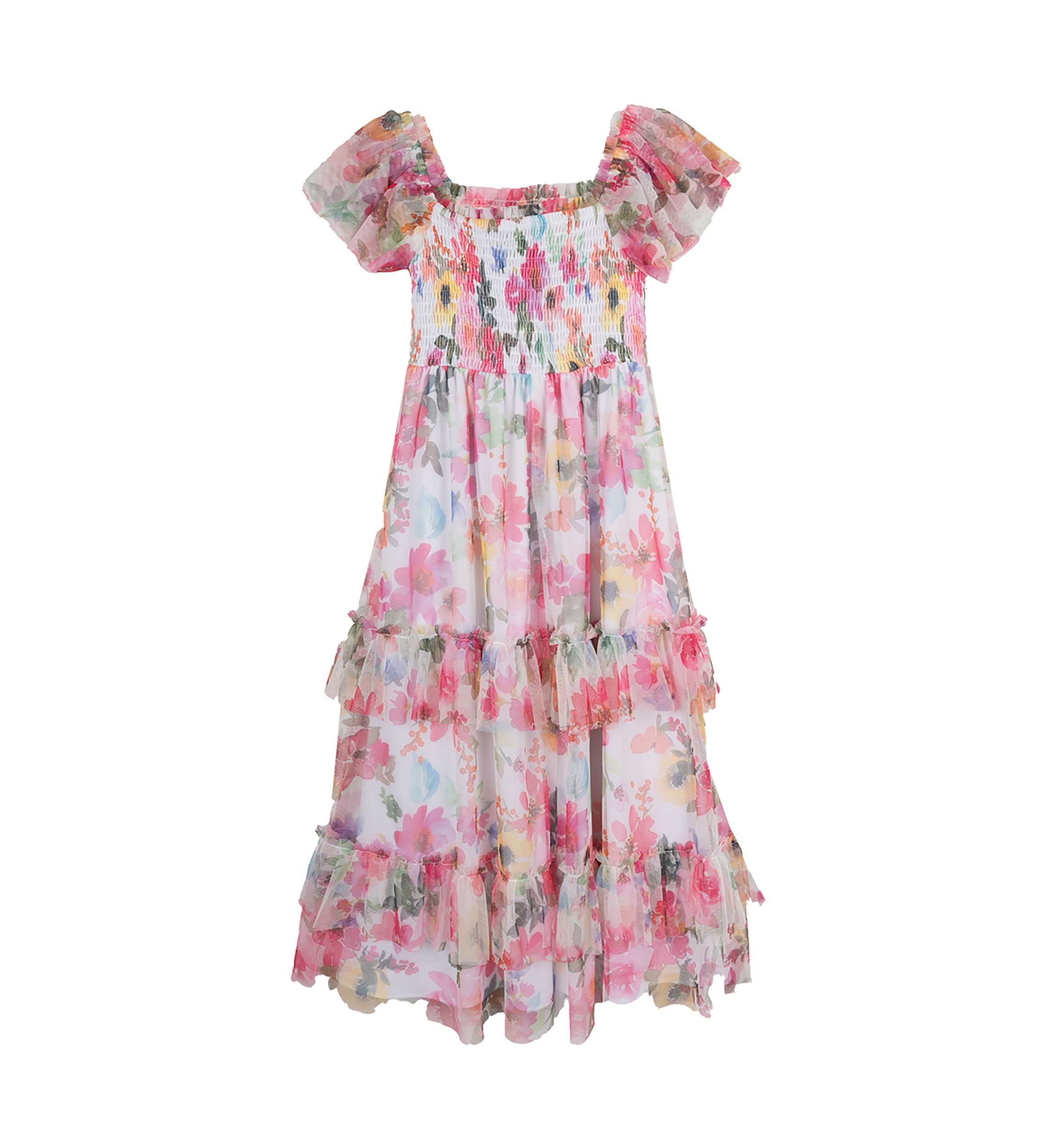 Toddler Girls Floral Mesh Smocked Bodice Dress