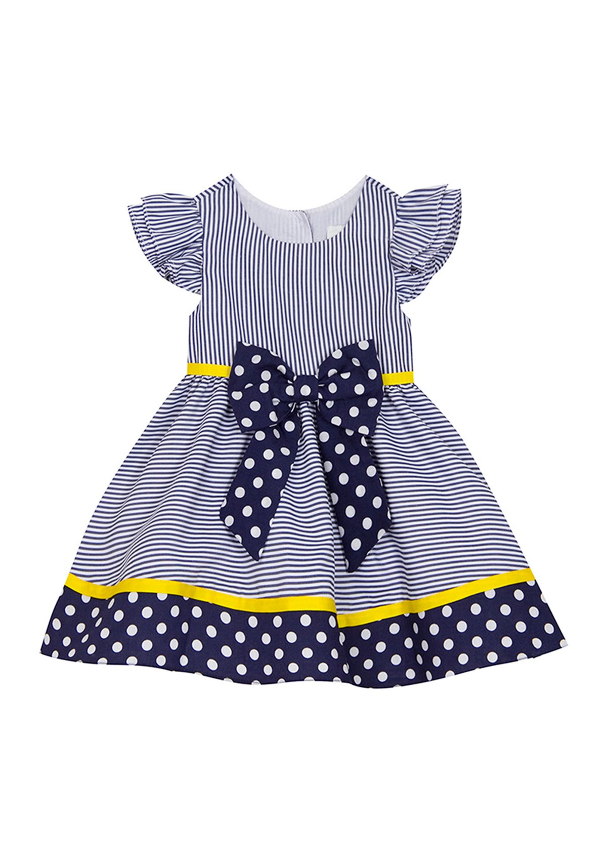 Toddler Girls Navy Stripe to Polka Dot Flutter Sleeve Dress 