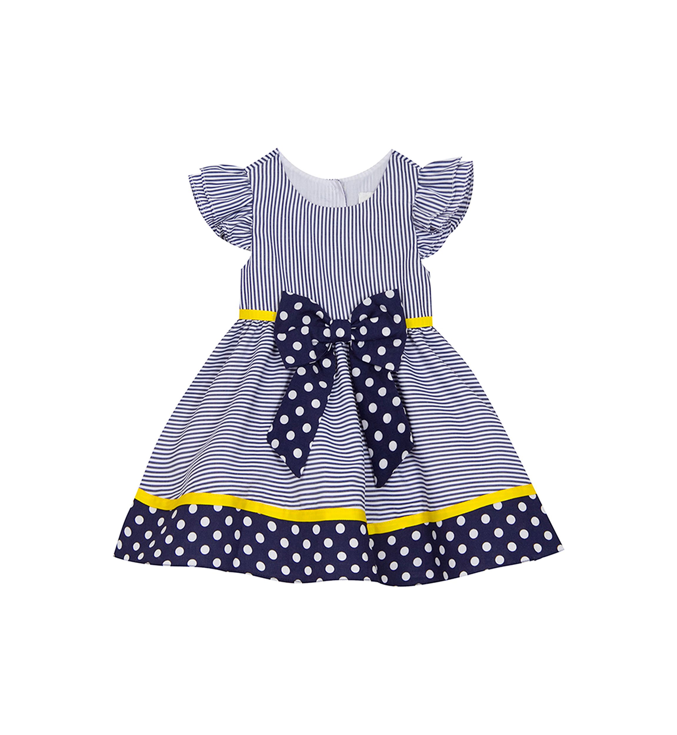 Toddler Girls Navy Stripe to Polka Dot Flutter Sleeve Dress 