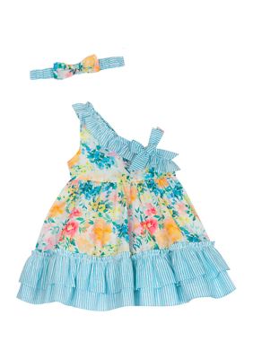 Rare Editions Baby Girls Floral Printed Seersucker Woven One Shoulder Dress