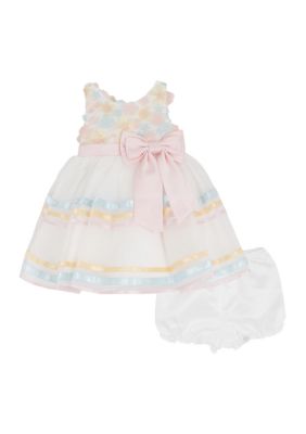 Rare Editions Baby Girls 3D Flower Mesh Dress, White, 24 Months
