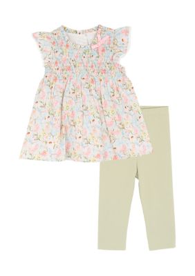 Rare Editions Baby Girls Floral Top and Leggings Set, Blue, 6 - 9 Months
