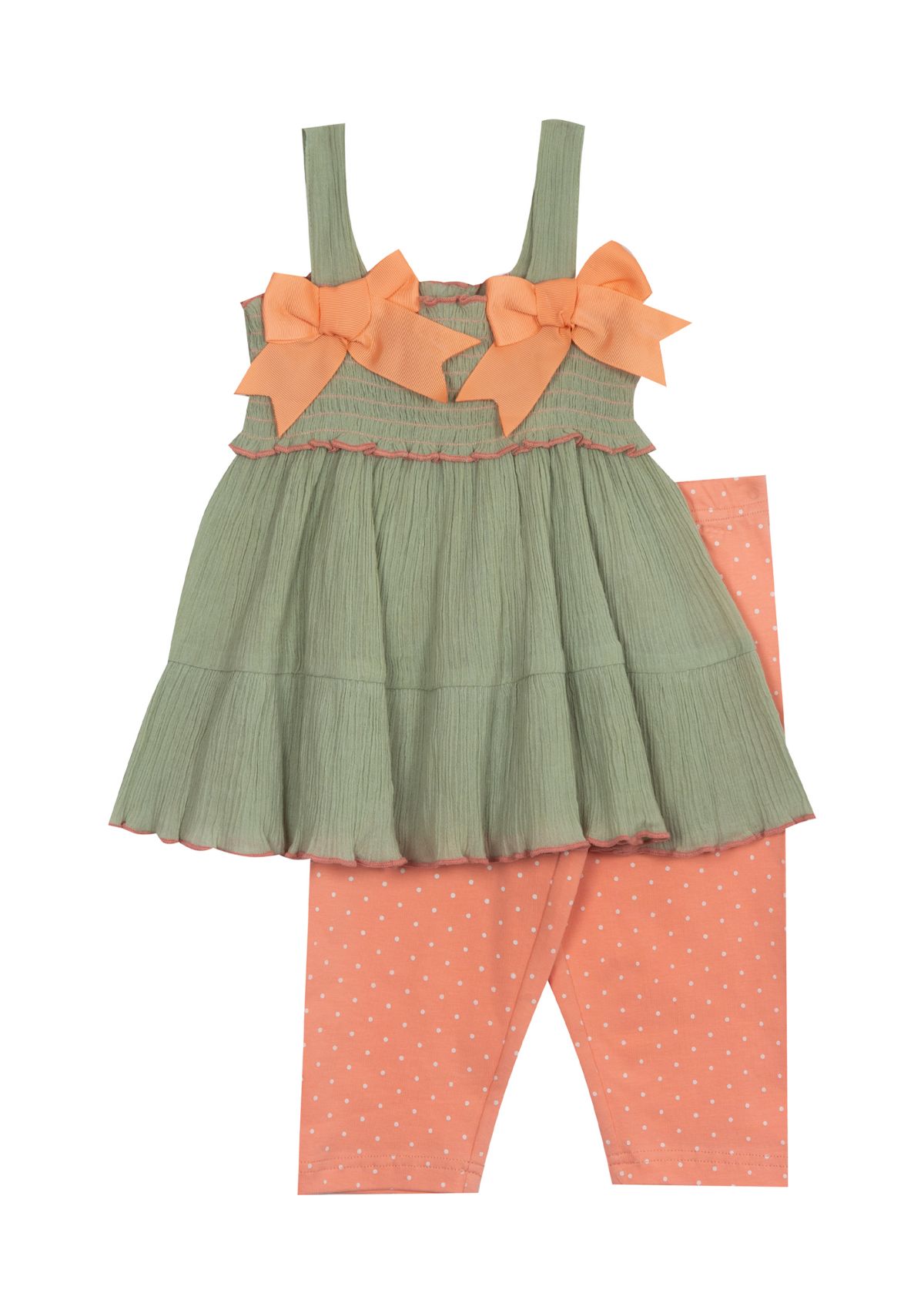 Baby Girls Sleeveless Gauze Smocked Top and Printed Leggings Set